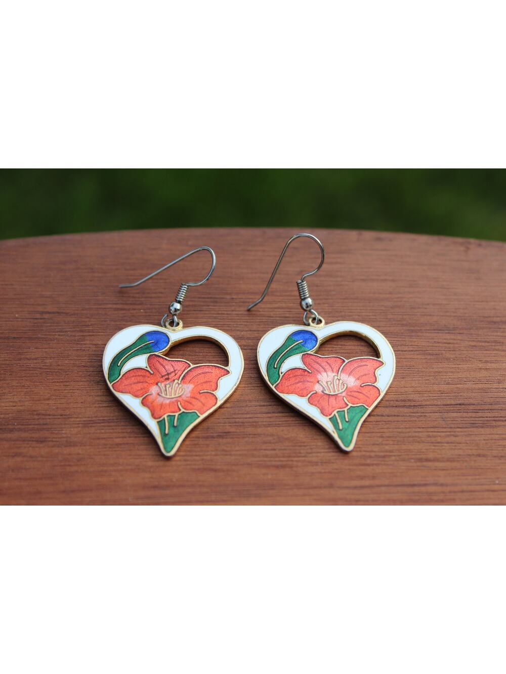 Vintage Gold Floral Enamel Drop Earrings